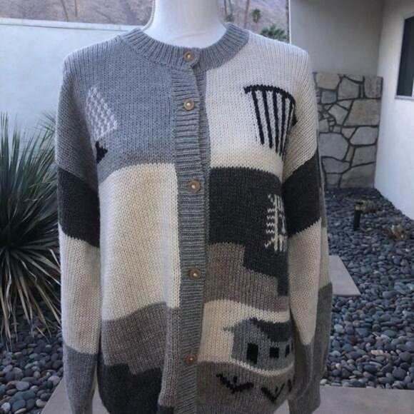Vintage Wool Cardigan Womens Chunky Wooden Buttons Gray White Crew Neck Abstract - Picture 8 of 14